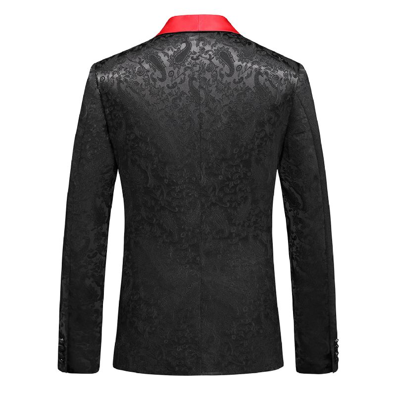 Terno Masculino 3 Peças Com Gola Xale Fino Um Botão Floral Padrão Vestido Formal Casamento - Preto