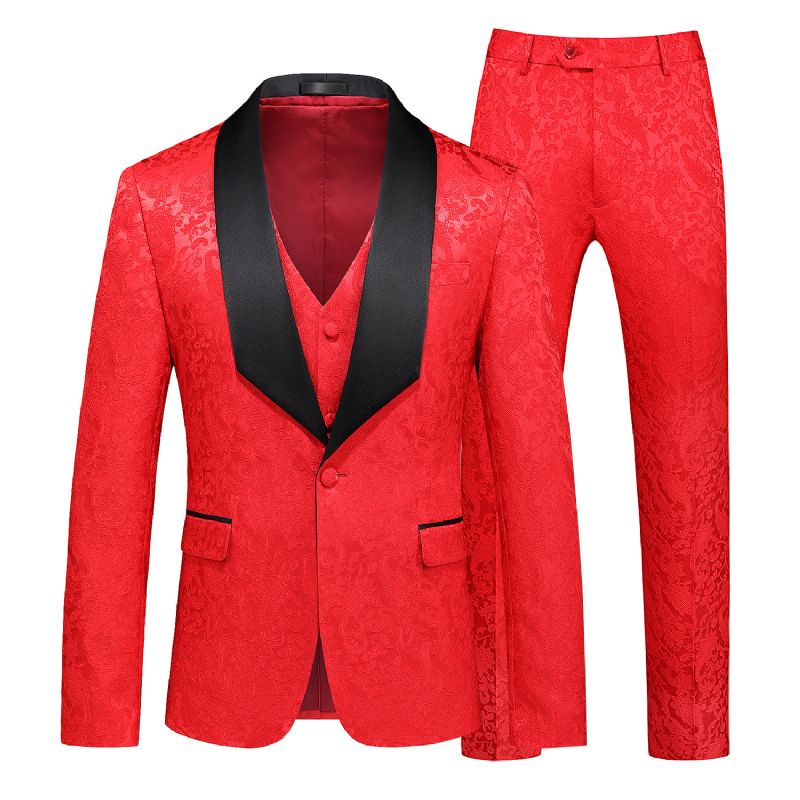 Terno Masculino 3 Peças Com Gola Xale Fino Um Botão Floral Padrão Vestido Formal Casamento - Vermelho