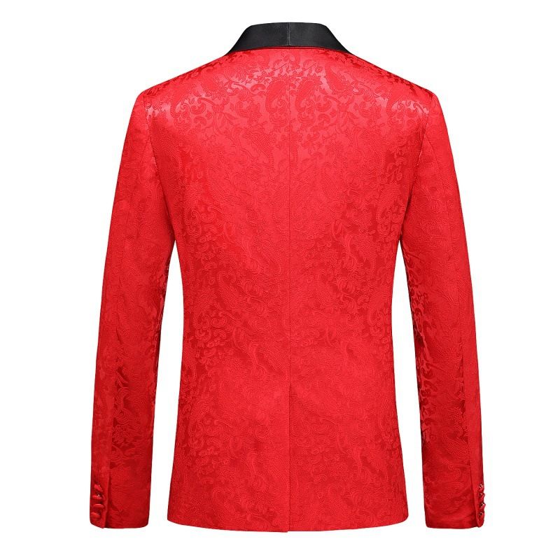 Terno Masculino 3 Peças Com Gola Xale Fino Um Botão Floral Padrão Vestido Formal Casamento - Vermelho