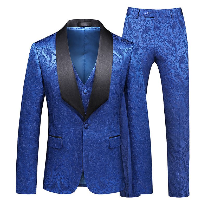 Terno Masculino 3 Peças Com Gola Xale Fino Um Botão Floral Padrão Vestido Formal Casamento - Azul