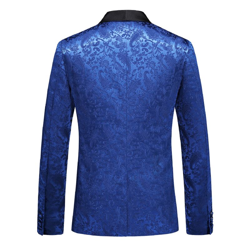 Terno Masculino 3 Peças Com Gola Xale Fino Um Botão Floral Padrão Vestido Formal Casamento - Azul