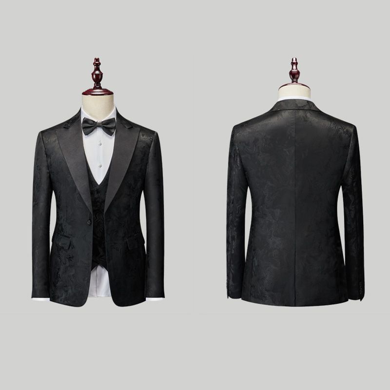 Terno Masculino 3 Peças Com Padrão Floral Vestido Formal Casual Lapela Repicada Um Botão Festa - Preto