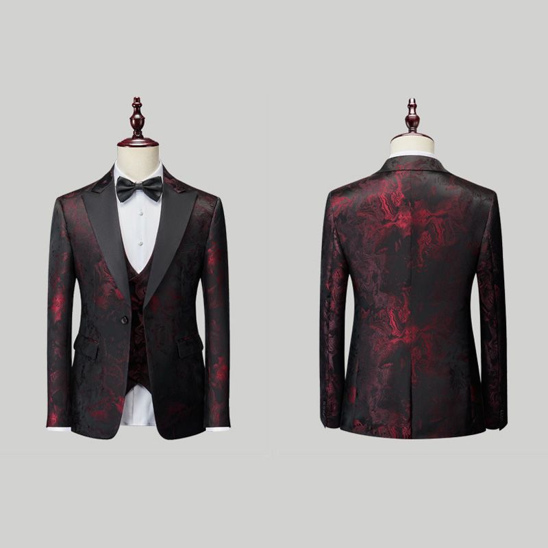 Terno Masculino 3 Peças Com Padrão Floral Vestido Formal Casual Lapela Repicada Um Botão Festa - Vermelho