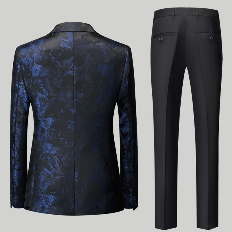 Terno Masculino 3 Peças Com Padrão Floral Vestido Formal Casual Lapela Repicada Um Botão Festa - Azul