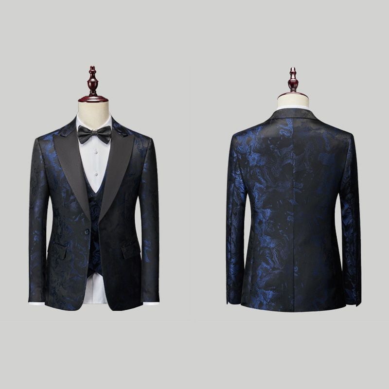 Terno Masculino 3 Peças Com Padrão Floral Vestido Formal Casual Lapela Repicada Um Botão Festa - Azul