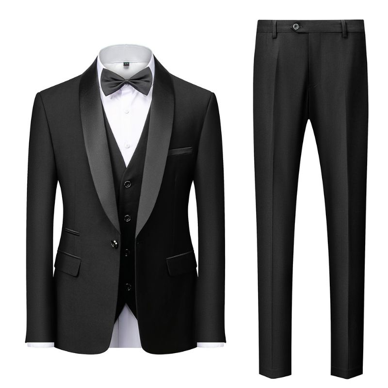 Terno Masculino 3 Peças Grande E Alto Um Botão Vestido Formal Bloco Cores - Preto