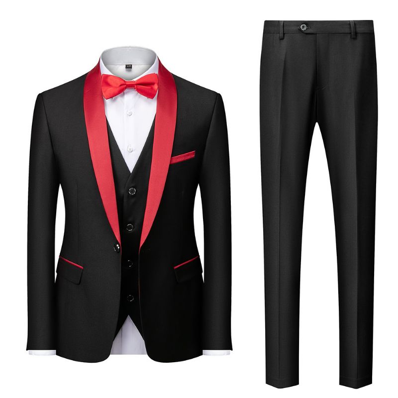 Terno Masculino 3 Peças Grande E Alto Um Botão Vestido Formal Bloco Cores - Preto / Vermelho