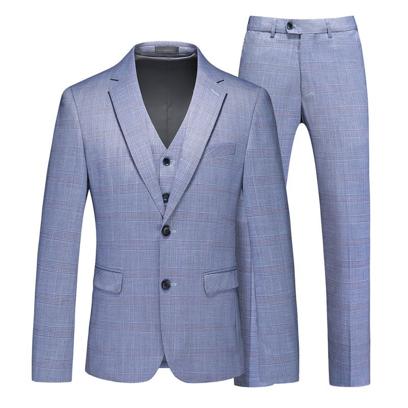 Terno Masculino 3 Peças Moda Elegante Roupas Formais Padrão Xadrez Dois Botões - Azul