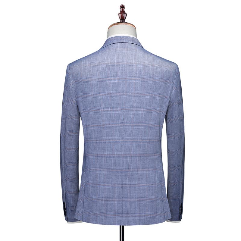 Terno Masculino 3 Peças Moda Elegante Roupas Formais Padrão Xadrez Dois Botões - Azul