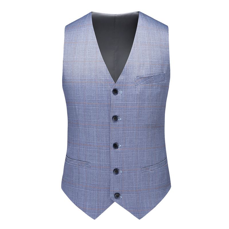 Terno Masculino 3 Peças Moda Elegante Roupas Formais Padrão Xadrez Dois Botões - Azul