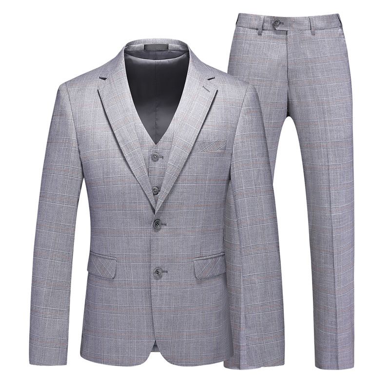 Terno Masculino 3 Peças Moda Elegante Roupas Formais Padrão Xadrez Dois Botões - Cinza