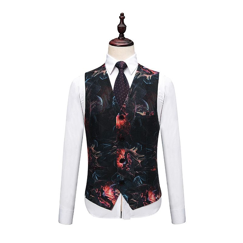 Terno Masculino Grande 3 Peças Com Padrão Floral E Um Botão Vestido Formal - Vermelho