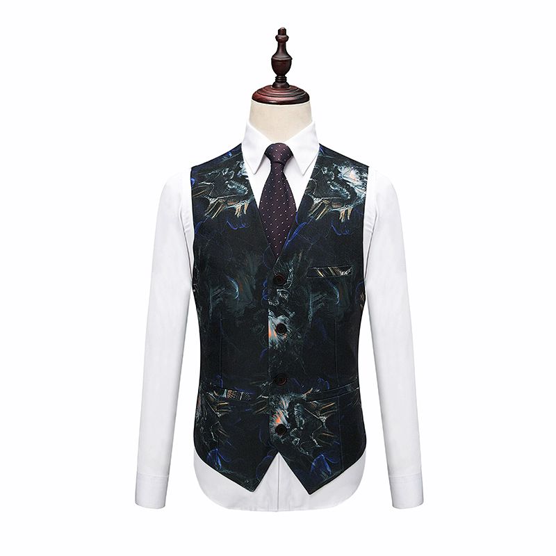 Terno Masculino Grande 3 Peças Com Padrão Floral E Um Botão Vestido Formal - Azul